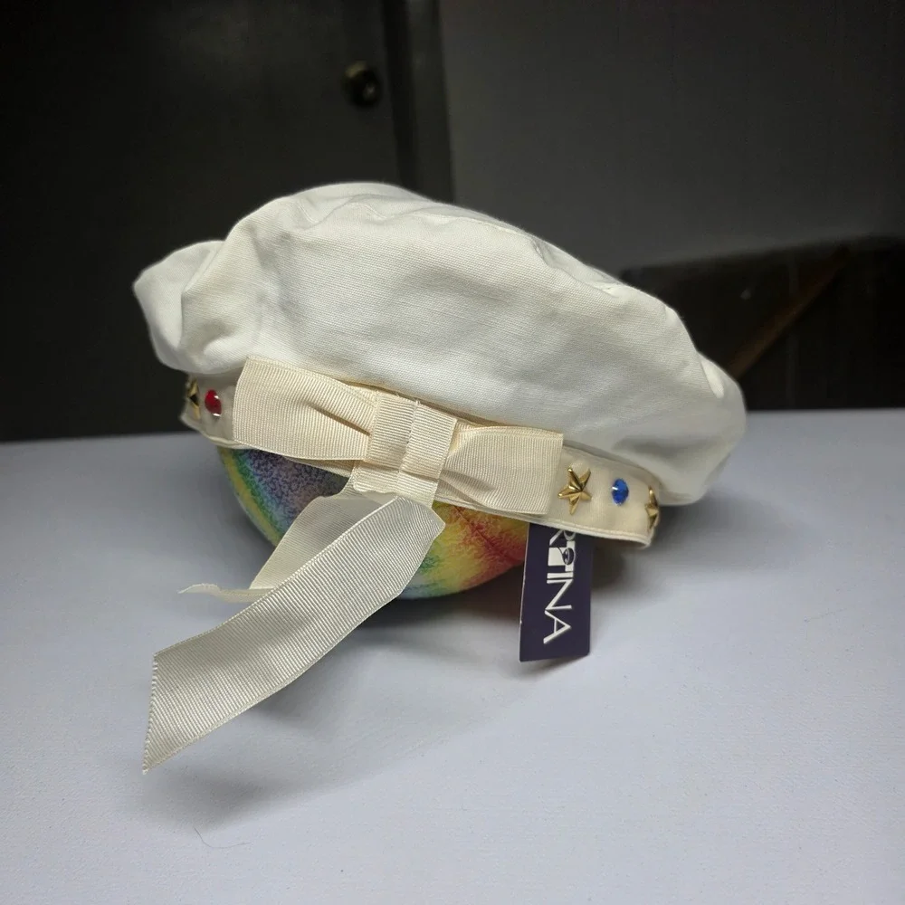 Vintage Sportina‎ White Cotton Beret Hat Star Studs Rhinestone Bow Celestial NWT